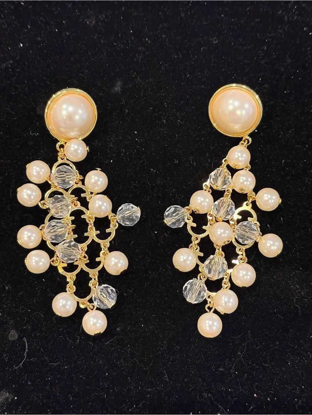 Vintage Avon Gold Pearl and Crystal Dangle Earrings Stainless Steel NOS